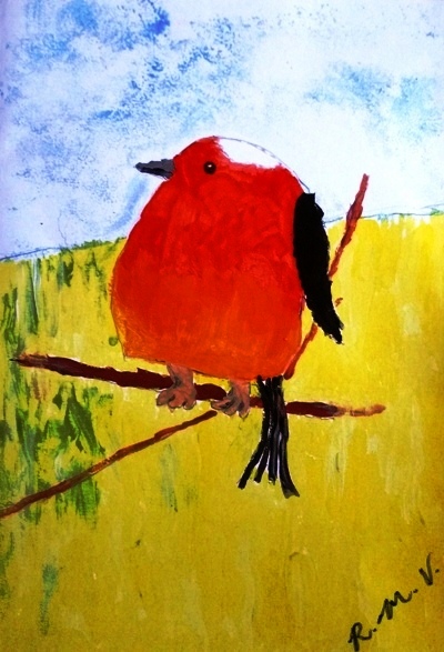Brain Injury. Painting of round red robin on branch