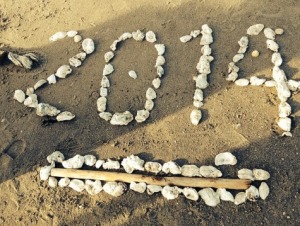 Photo of shells on sand forming numbers 2014