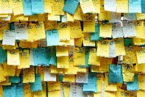 What is Memory. Many yellow and blue post it notes with messages