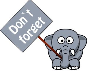 Short term Memory to Long term Memory - cartoon elephant holding sign "Don't Forget"