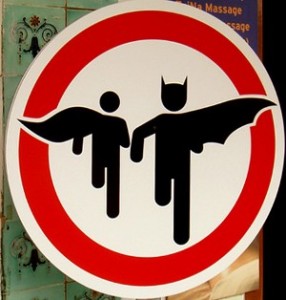 Superheroes. Cartoon of Batman and Robin in Roadsign image