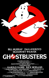 Taskbusters film poster ghostbuster cartoon ghost in red not allowed sign